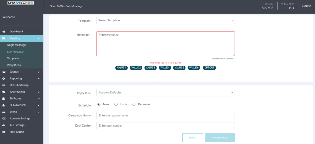 SMS Channel Reporting